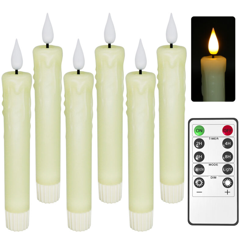 PChero 6Pack Real Wax Flameless Taper Candles with Remote Timer, 6.4inch,Drip-wax style