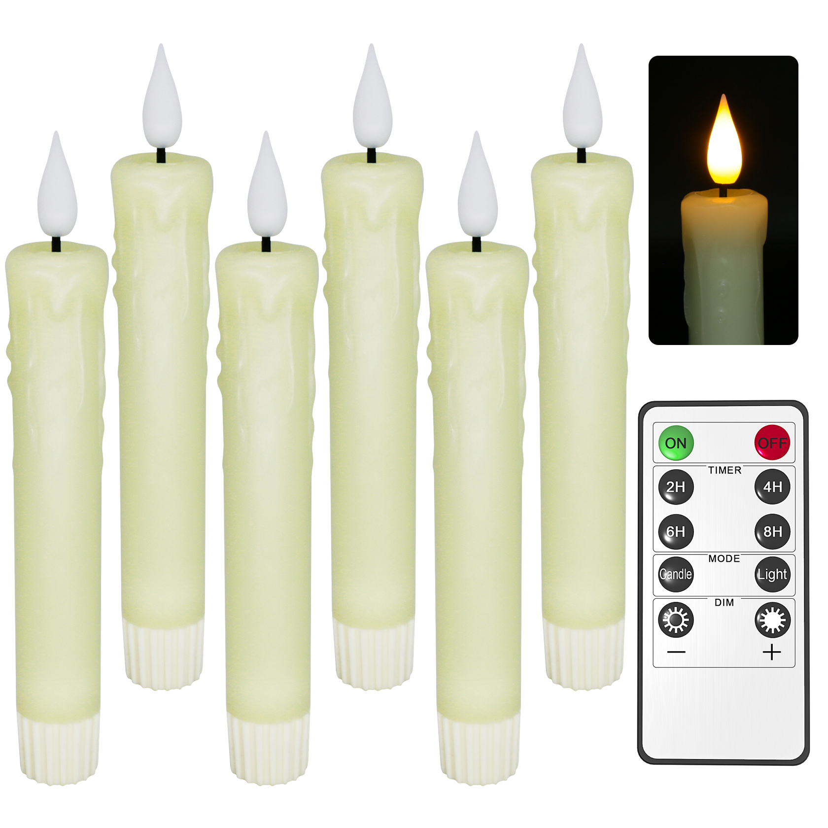 PChero 6Pack Real Wax Flameless Taper Candles with Remote Timer, 6.4inch,Drip-wax style