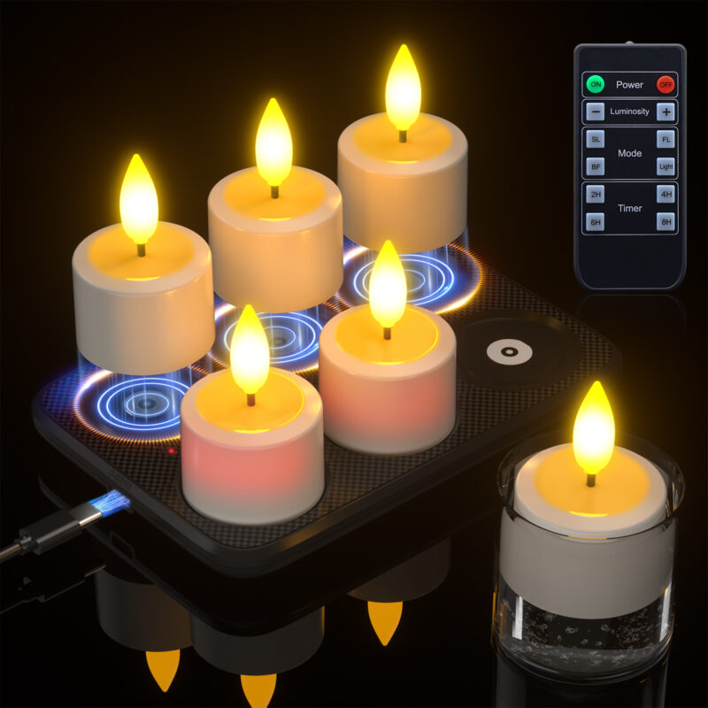 PChero 6pcs Rechargeable Waterproof Tealight Candles with Remote&Magnetic Charging Base