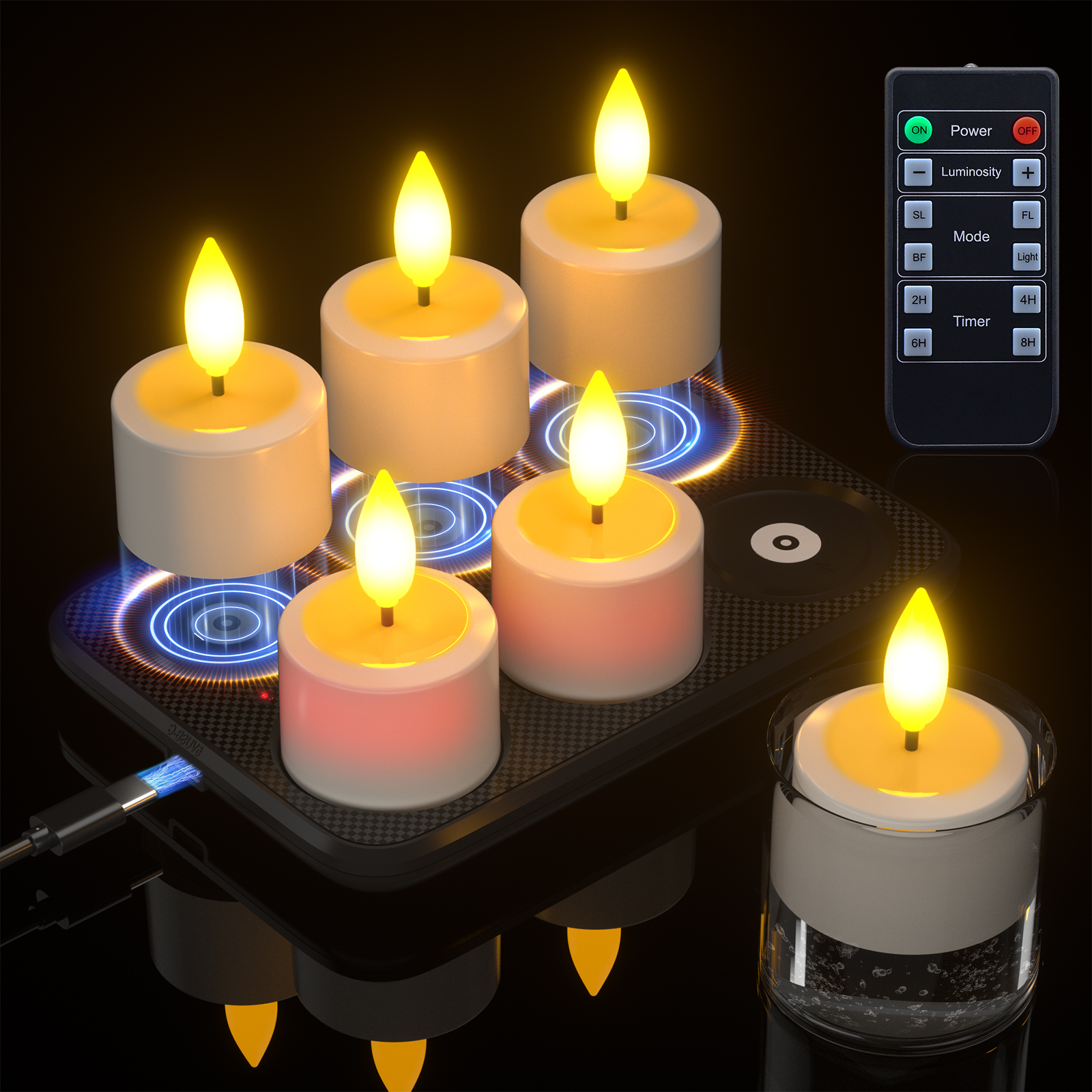 PChero 6pcs Rechargeable Waterproof Tealight Candles with Remote&Magnetic Charging Base