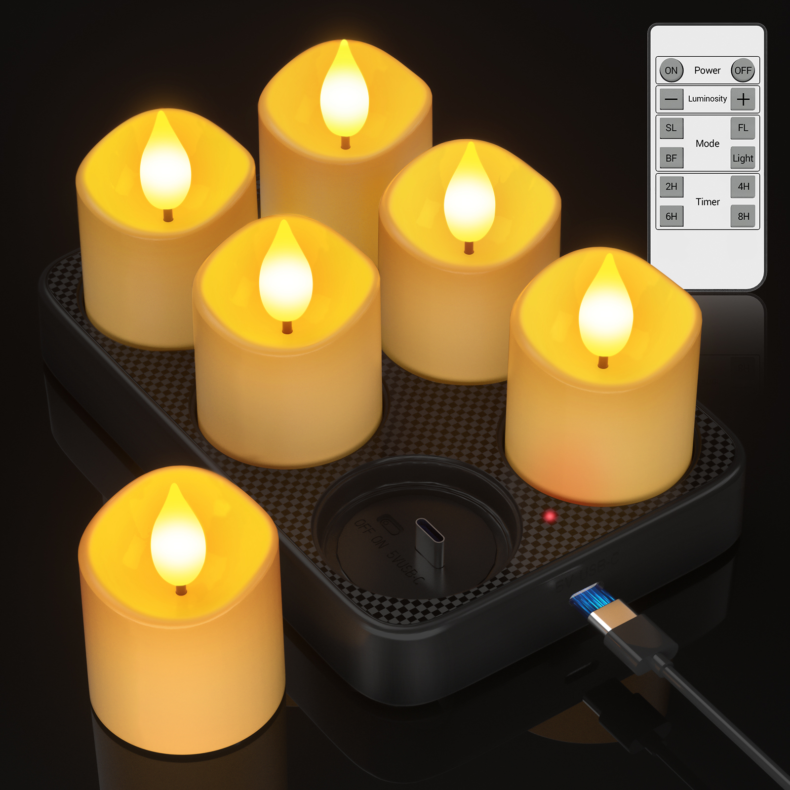 PChero 6pcs Rechargeable Votive Candles with Remote&Charging Station