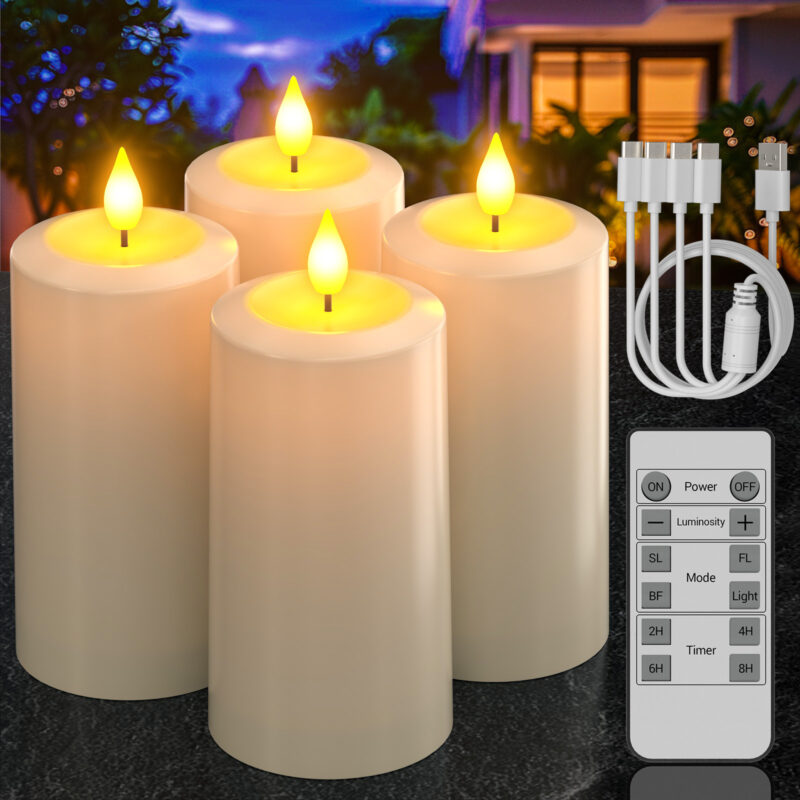 PChero 4pk 6.1″ x 2.7″ Rechargeable Pillar Candles with Remote,IP44 Waterproof