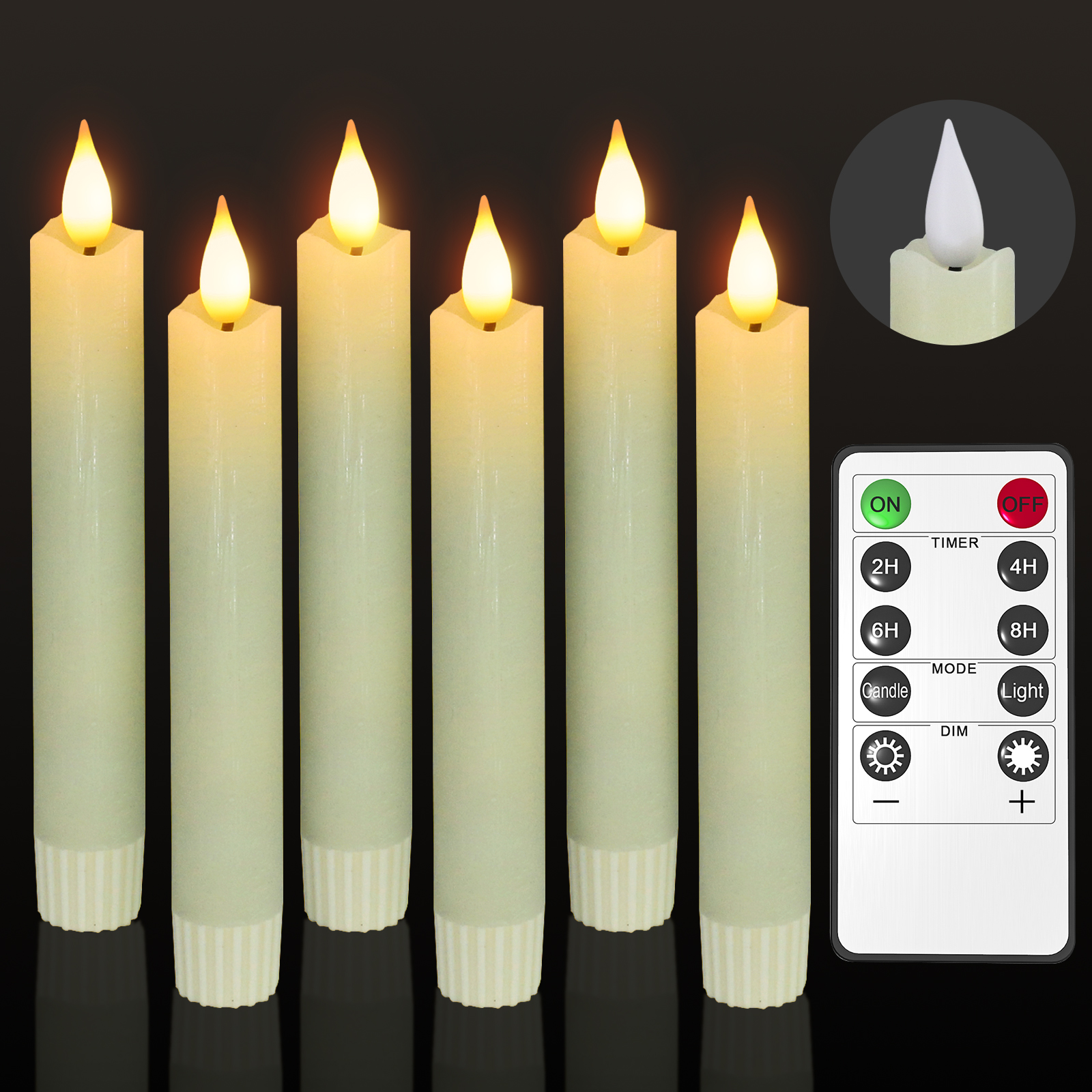 PChero 6Pack Real Wax Flameless Taper Candles with Remote Timer, 6.4inch