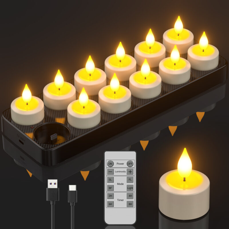 PChero 12pcs Rechargeable Tealight Candles with Remote&Charging Station