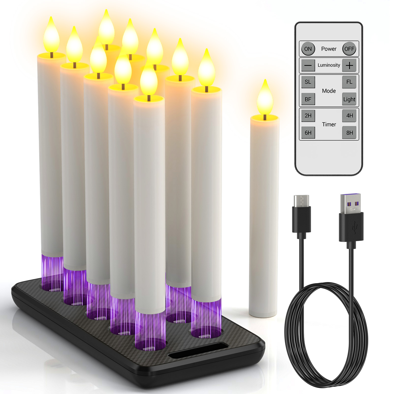 PChero 10pcs Rechargeable Taper Candles with Remote&Charging Station