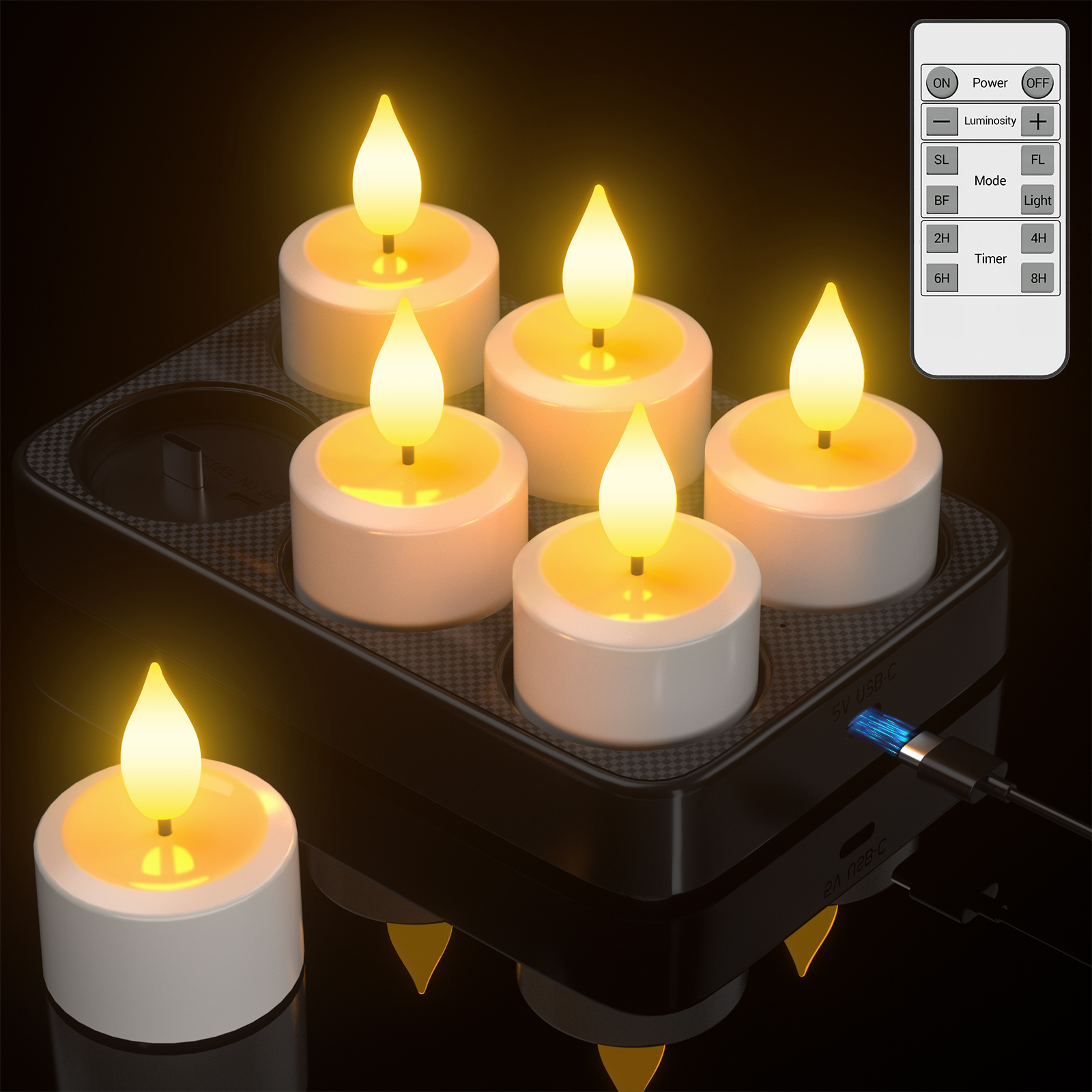 PChero 6pcs Rechargeable Tealight Candles with Remote&Charging Station