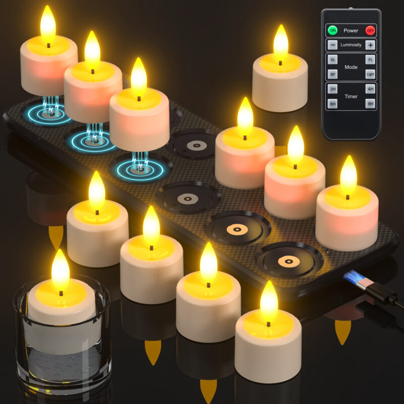 PChero 12pcs Rechargeable Waterproof Tealight Candles with Remote&Magnetic Charging Base
