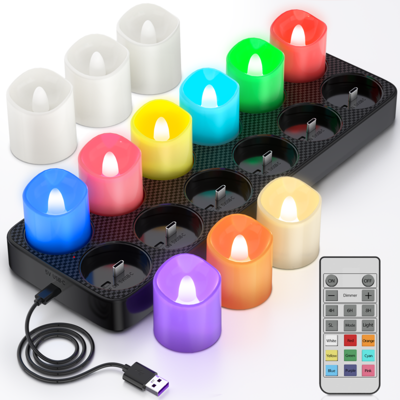 12pcs Rechargeable 9-Color Changing Votive Candles with Remote&Charging Station
