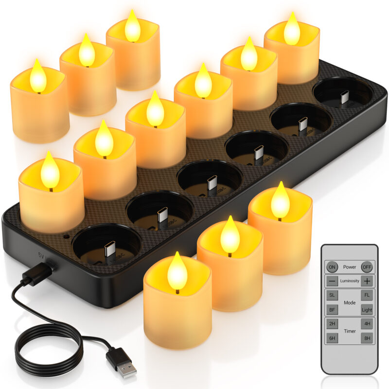 PChero 12pcs Rechargeable Votive Candles with Remote&Charging Station